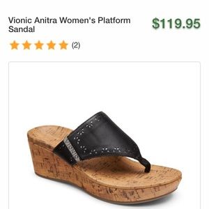 Vionic cork platform wedge sandals. Black leather. Velcro opening adjusts fit.